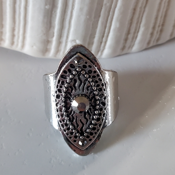 Antique Silver Tone Stretch Band Ring Marquise Shape 💥3 for $24💥 - Picture 3 of 15
